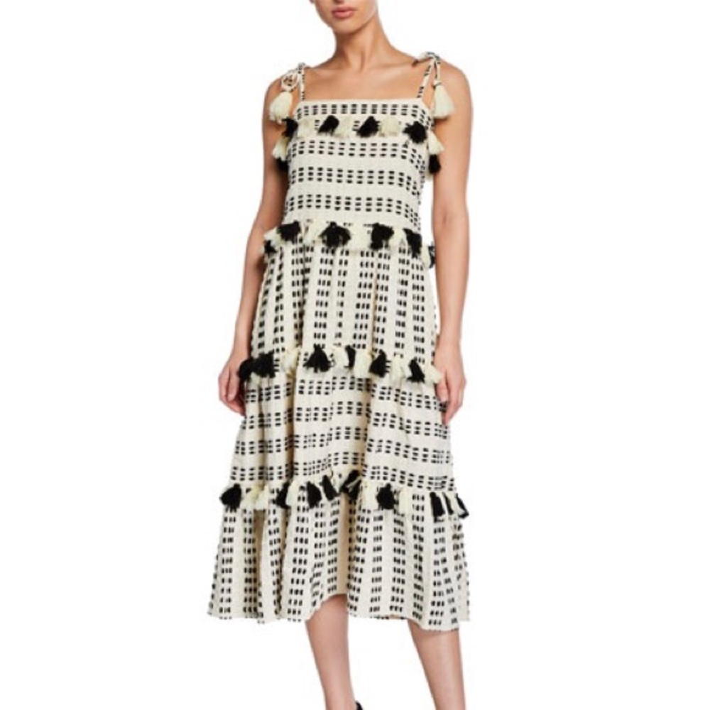 Tessora Lola Pom Pom Tie-Tassel Midi Dress, Size XS